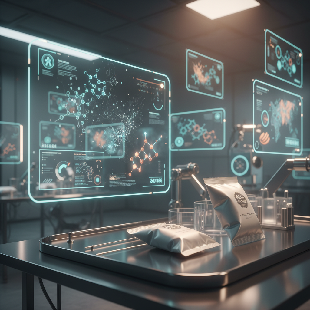 Cinematic wide shot of a futuristic R&D food laboratory, glowing holographic interfaces displaying flavor profiles and molecular structures over minimalist snack packages, soft studio lighting, teal and amber color palette, high-tech aesthetic, 8k.