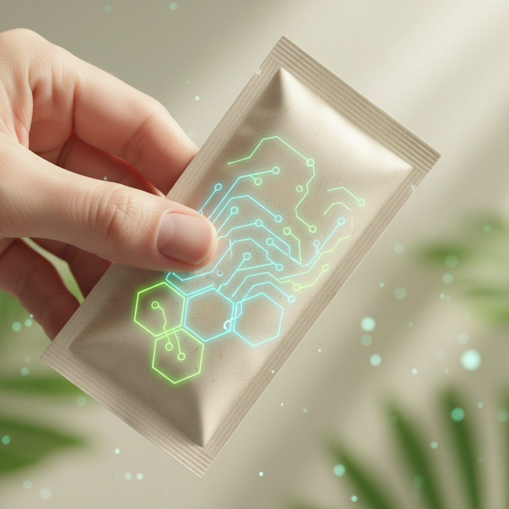 Una mano sostiene un sachet de papel kraft con un diseño digital brillante de circuitos y hexágonos en tonos azules y verdes, sobre un fondo verde y claro desenfocado.