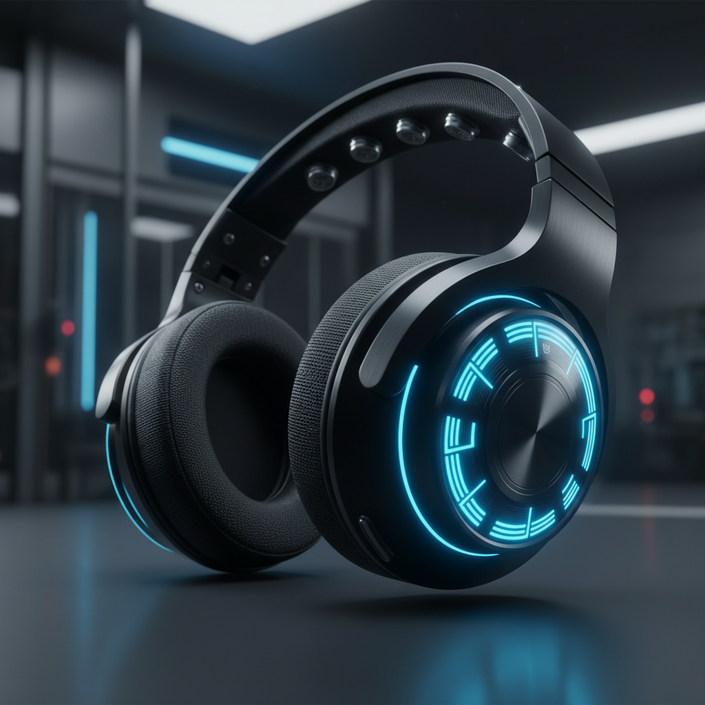 Auriculares de diadema negros con luces LED azules en las orejeras, sobre una superficie oscura y reflectante.