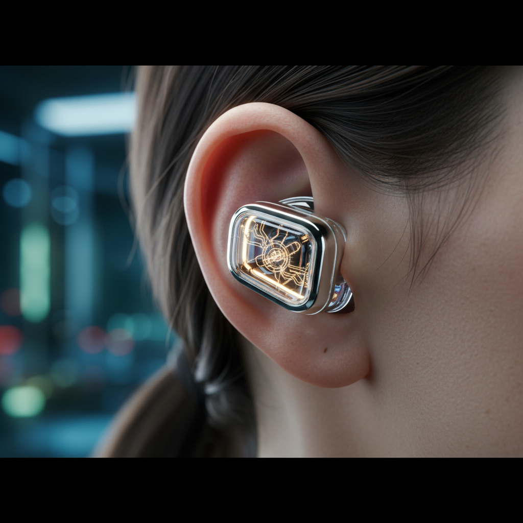 Auricular futurista transparente con circuitos dorados luminosos insertado en la oreja de una persona, con un fondo urbano nocturno difuminado.