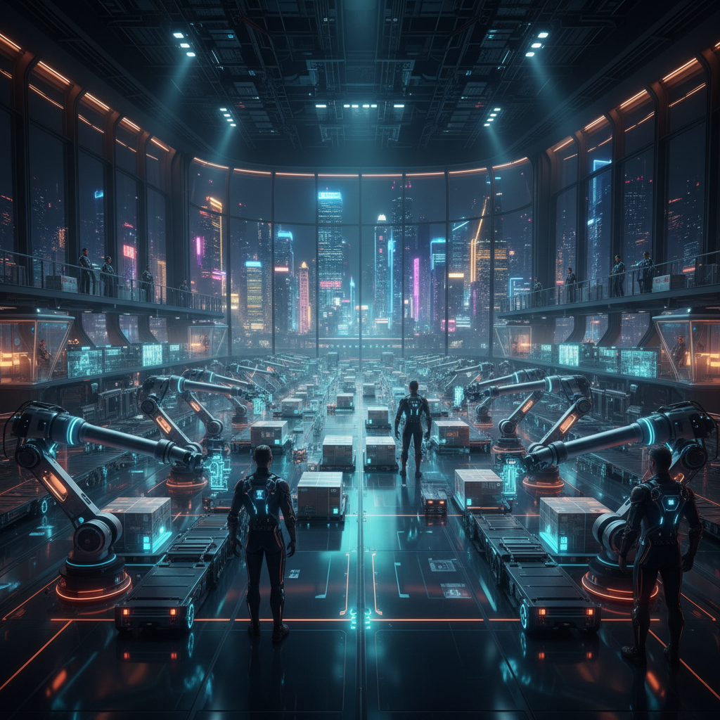 Fábrica futurista automatizada con brazos robóticos y vehículos autónomos transportando contenedores sobre un piso tecnológico iluminado. Operarios con trajes avanzados supervisan la producción, mientras otras personas observan desde una plataforma superior. Al fondo, una ciudad cyberpunk nocturna con rascacielos vibrantes y luces de neón azules y rosas.