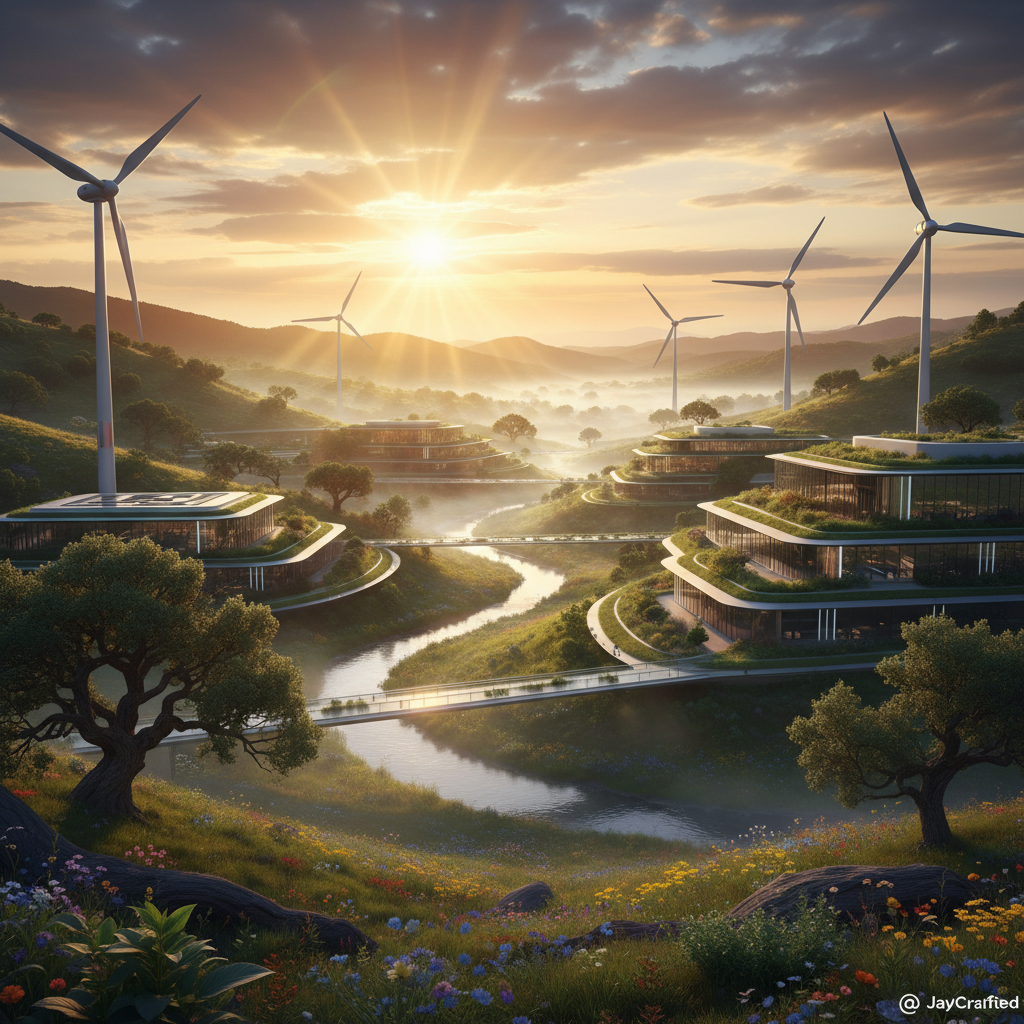 Paisaje futurista sostenible al amanecer con edificios de techos verdes integrados en colinas, un río con puentes peatonales, aerogeneradores y campos de flores.
