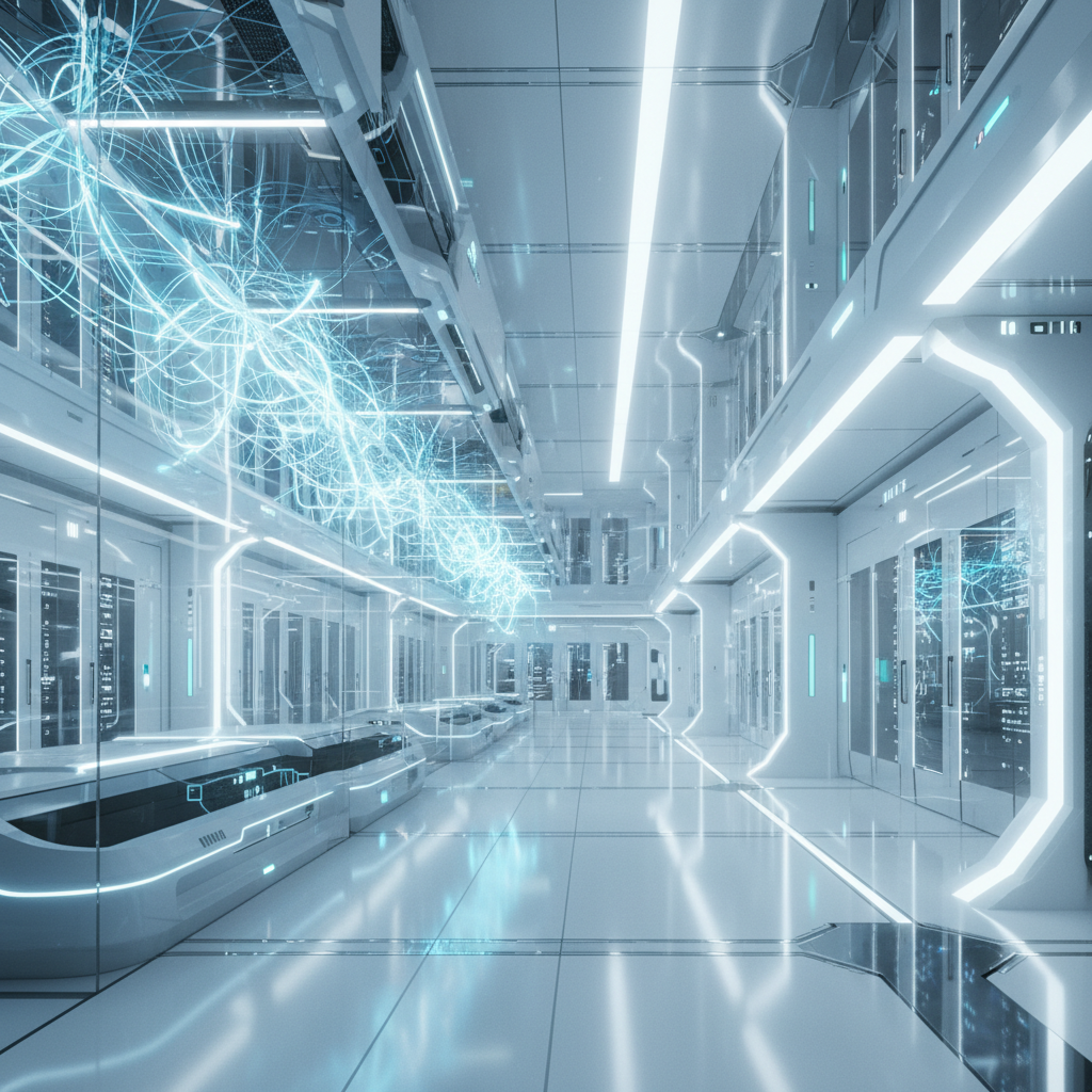 Pasillo futurista de un centro de datos con predominancia de colores blancos y azules, equipado con paneles de servidores, módulos de transporte y una llamativa red de líneas de luz azul brillante recorriendo el techo.