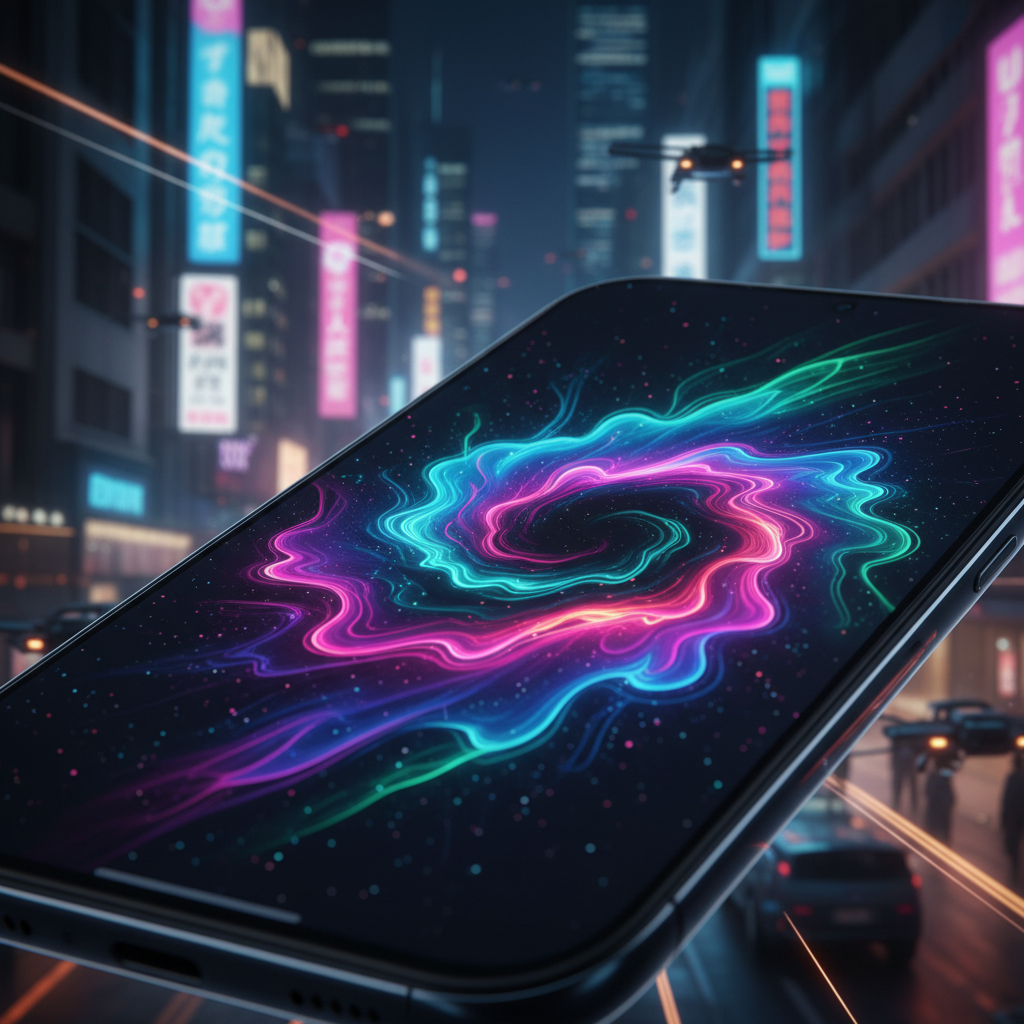 Un smartphone mostrando un fondo de pantalla vibrante con espirales de luz neon en rosa, azul y verde, sobre un fondo oscuro con estrellas. El teléfono está en primer plano y ligeramente inclinado, con una ciudad futurista nocturna y borrosa en el fondo, incluyendo edificios con letreros de neón, vehículos y drones.