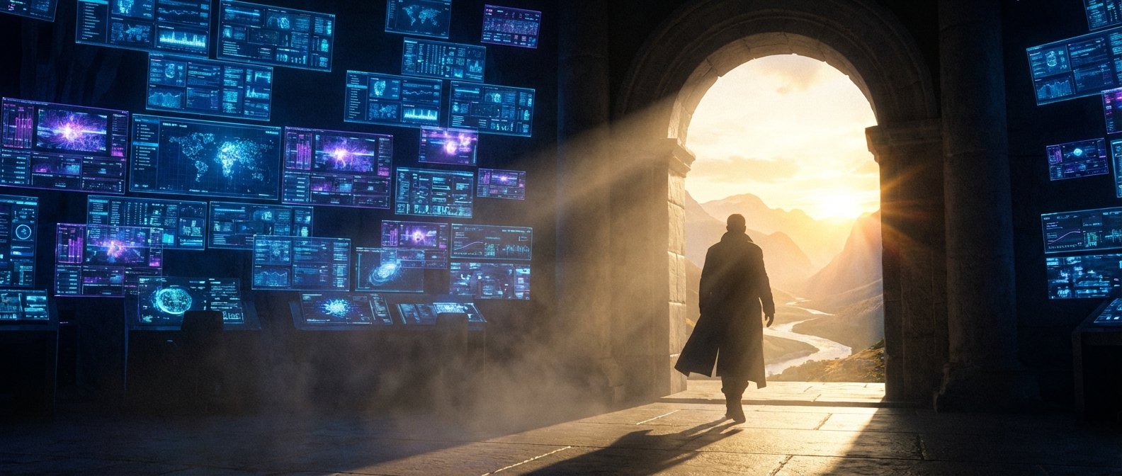 Un hombre con gabardina camina a través de un gran arco de piedra que da a un valle montañoso con un río al atardecer. A la izquierda, una pared cubierta de múltiples pantallas holográficas azules y moradas mostrando datos y mapas digitales.