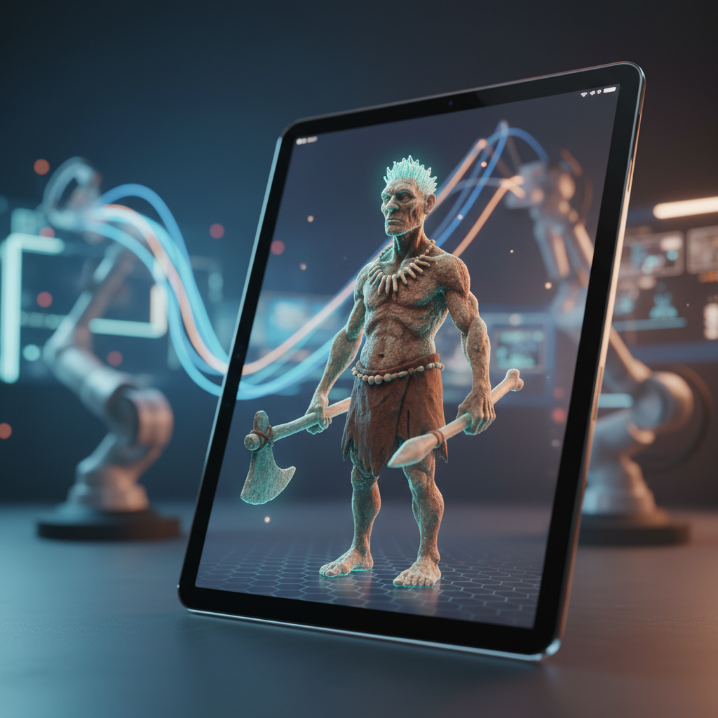 Una tableta digital muestra un modelo 3D detallado de un hombre primitivo con piel áspera, un collar de huesos, taparrabos, y sosteniendo un hacha de piedra y una lanza de hueso. El fondo es un entorno tecnológico borroso con brazos robóticos y luces de neón.