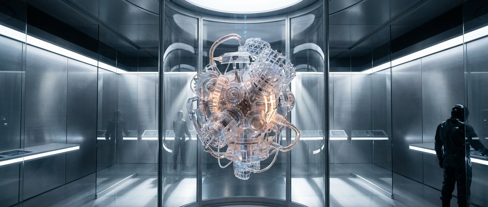 Una sala de exposición futurista con un complejo corazón mecánico transparente y luminoso, compuesto por engranajes y tuberías, exhibido en una vitrina de cristal cilíndrica. Dos personas observan la pieza central en un entorno de alta tecnología con paredes metálicas y luces LED.