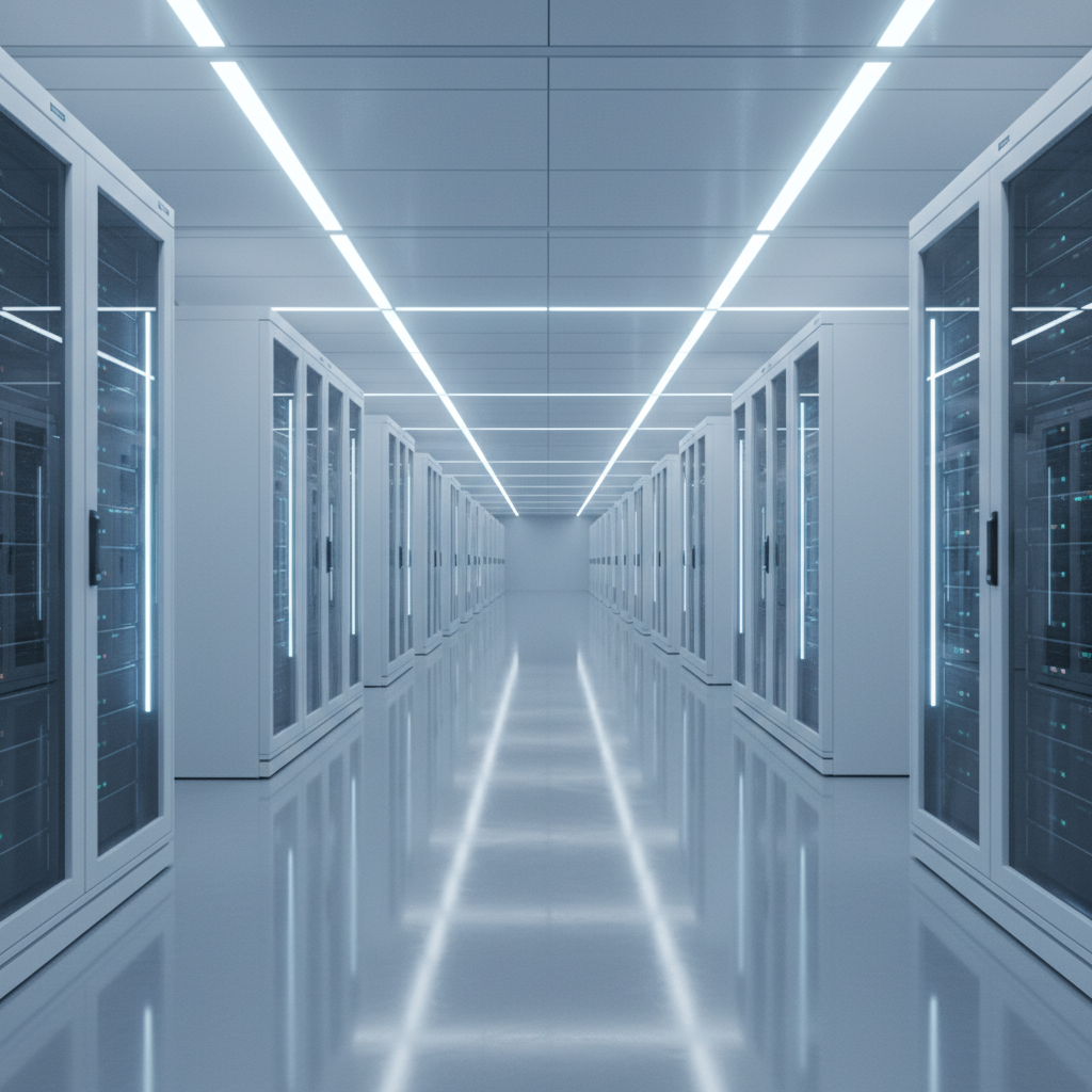 Pasillo de centro de datos moderno con hileras de racks de servidores a ambos lados, mostrando luces LED azules y verdes, suelo reflectante y luces lineales en el techo.
