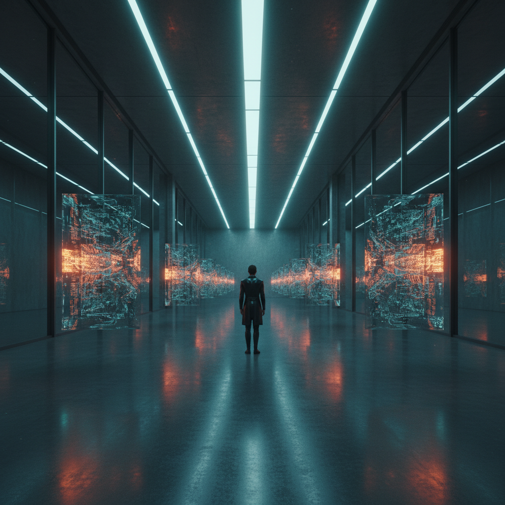 Persona de espaldas en un largo pasillo futurista con techo iluminado por luces de neón. A ambos lados, grandes paneles transparentes muestran complejos patrones digitales luminosos en tonos naranja y azul, reflejándose en el suelo brillante.