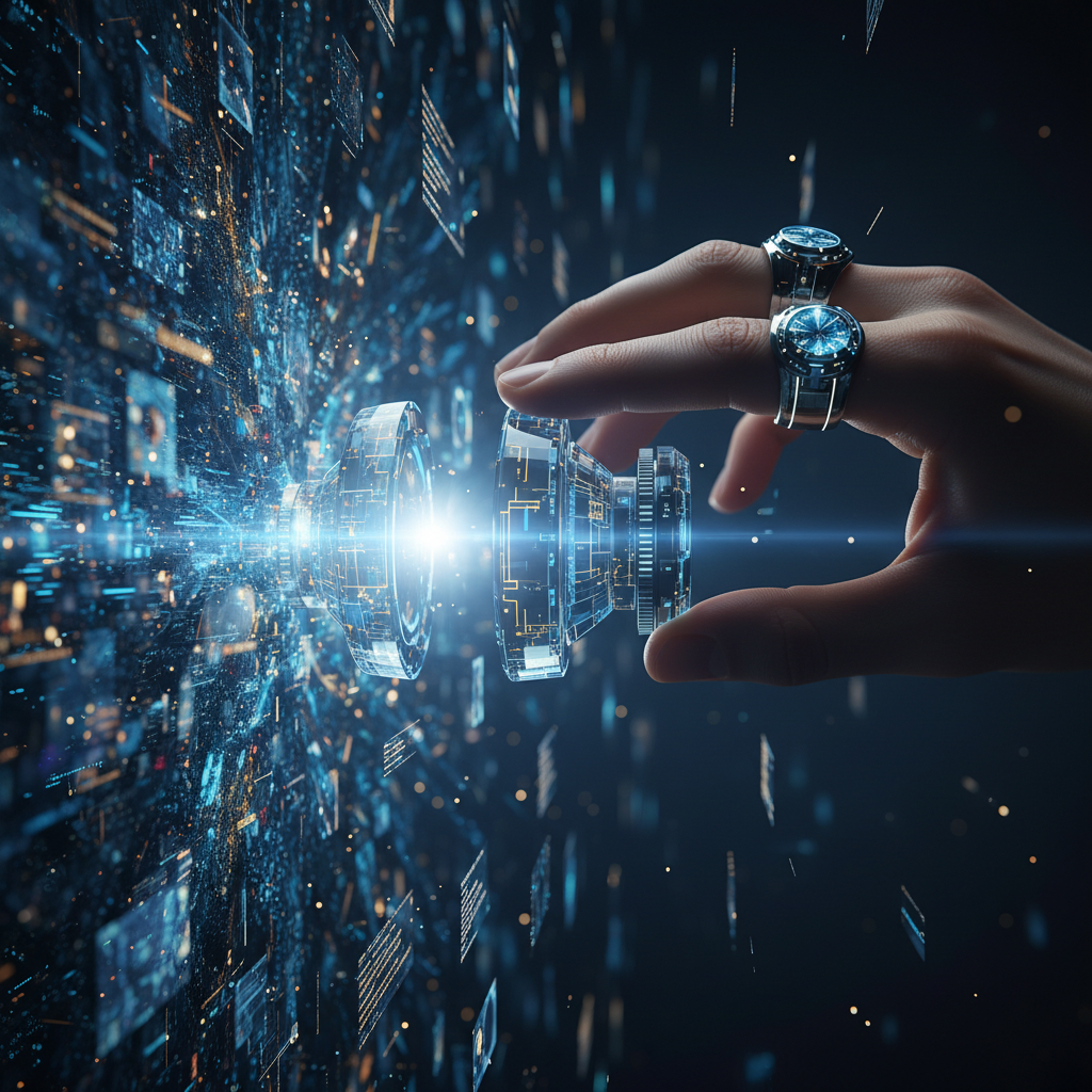 Una mano con anillos de diseño futurista sostiene un dispositivo tecnológico transparente que emite luz azul. Este se conecta con un flujo de datos digitales y elementos brillantes en un fondo oscuro.
