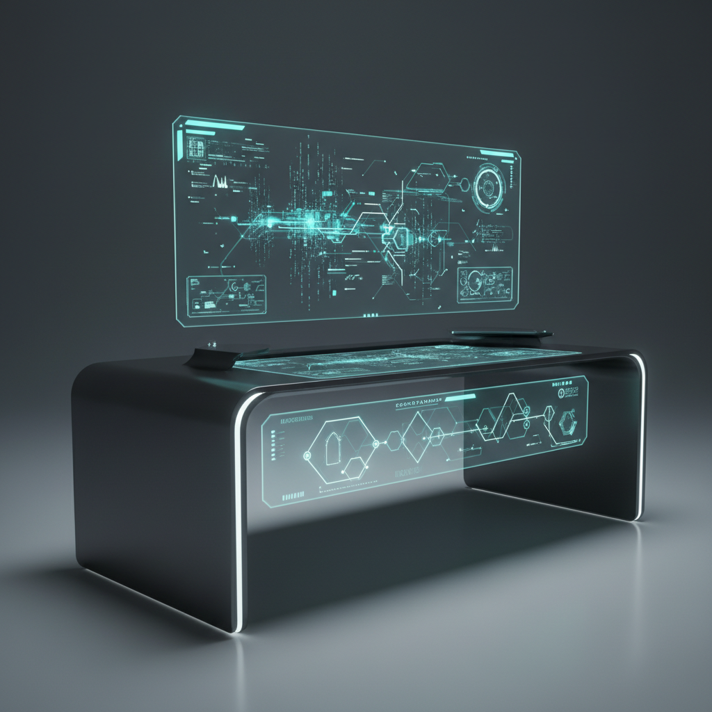 Escritorio negro de diseño futurista con bordes iluminados, que presenta una gran pantalla holográfica vertical y otra integrada en la superficie, ambas mostrando interfaces de datos complejos y diagramas tecnológicos en tonos turquesa.