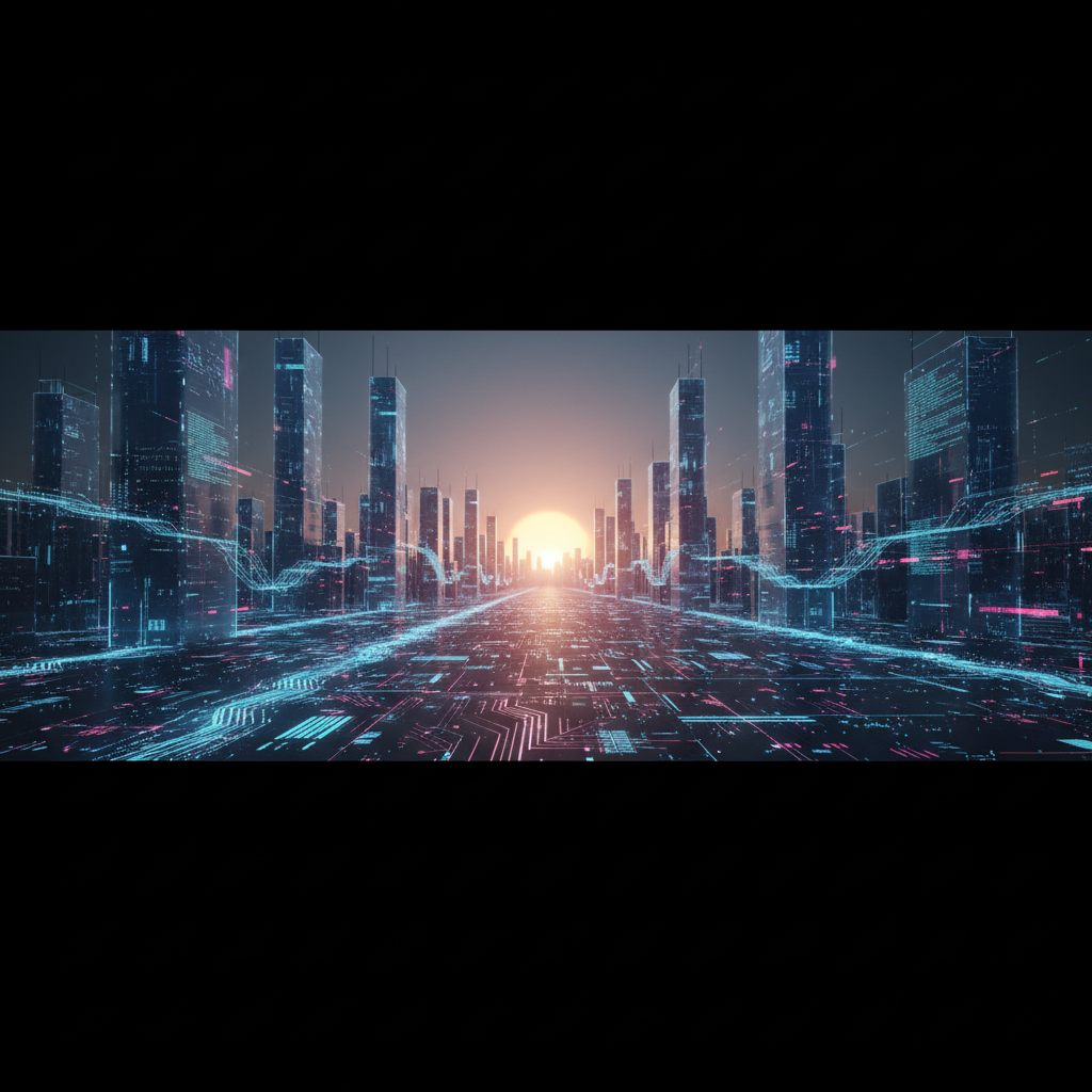 Ciudad futurista digital con rascacielos, líneas luminosas tipo circuito en el suelo y el sol poniente al fondo.
