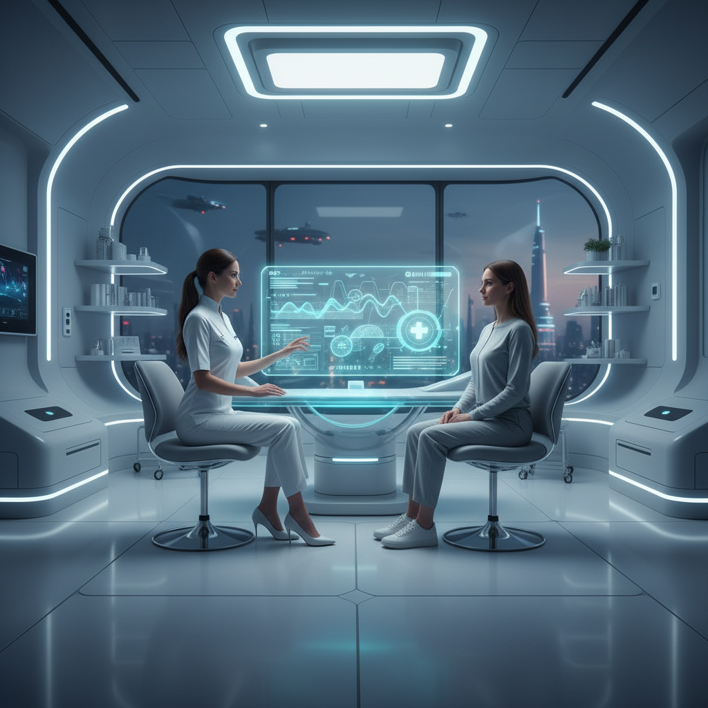 Dos mujeres en una clínica futurista. Una de ellas, vestida de blanco, interactúa con una pantalla holográfica que muestra datos médicos. La otra mujer la observa. De fondo, una ventana con vista a una ciudad moderna con vehículos voladores.
