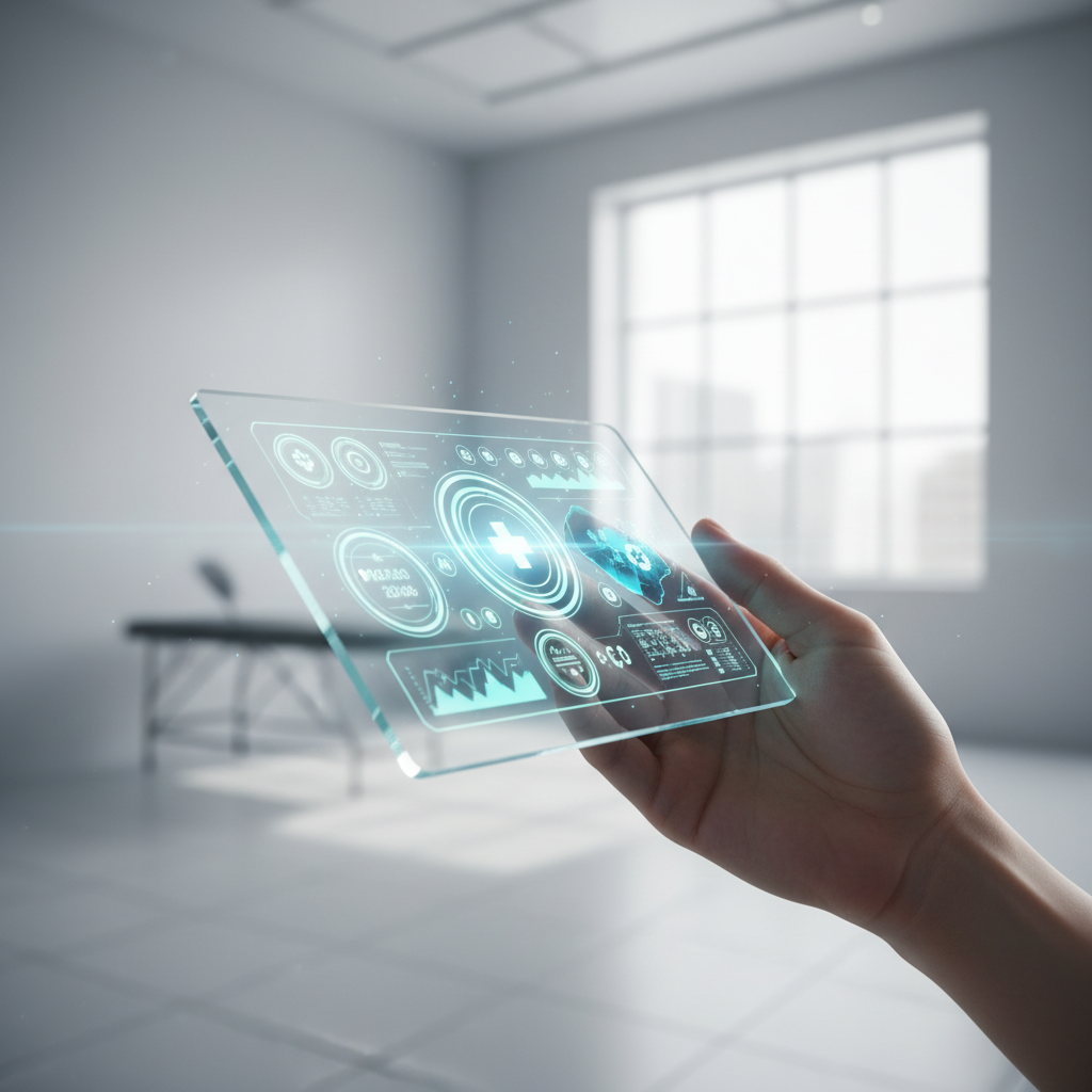 Mano sosteniendo una tableta transparente con una interfaz médica futurista que muestra datos de salud y un símbolo de cruz brillante, en un entorno de clínica moderna.