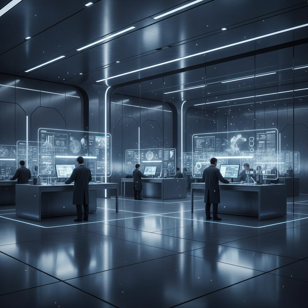 Científicos con batas oscuras operan en un laboratorio futurista con estaciones de trabajo equipadas con pantallas holográficas transparentes que muestran datos complejos y gráficos. El ambiente es moderno y tecnológico, iluminado por luces LED.