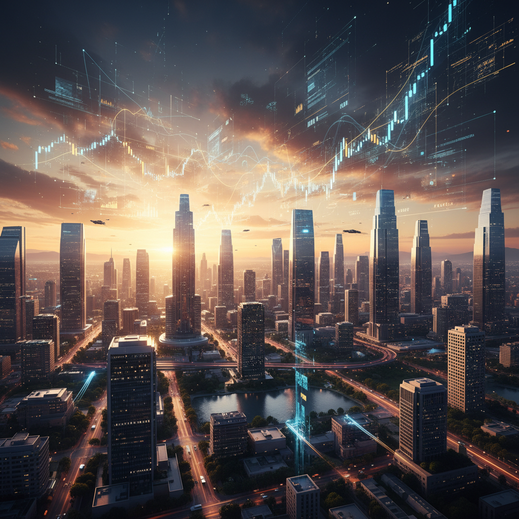 Vista aérea de una ciudad moderna al atardecer, con numerosos rascacielos, carreteras iluminadas y lagos urbanos. Sobre el cielo y conectando edificios se aprecian gráficos holográficos de datos financieros y líneas tecnológicas, junto a pequeñas naves voladoras.