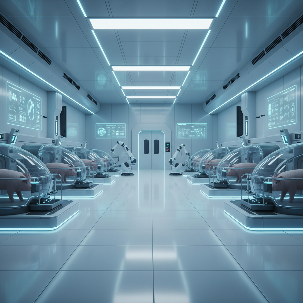 Laboratorio futurista blanco y azul con cerdos dentro de cápsulas de incubación transparentes. Brazos robóticos y pantallas holográficas con datos científicos adornan las paredes.