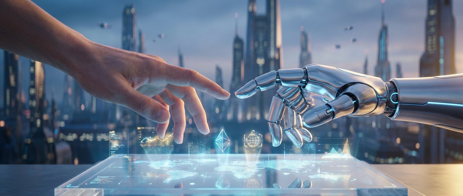 Una mano humana y una mano robótica se acercan para tocarse sobre una mesa digital interactiva con proyecciones holográficas de un mapa mundial, gráficos y símbolos tecnológicos, en un paisaje urbano futurista con rascacielos y vehículos voladores.
