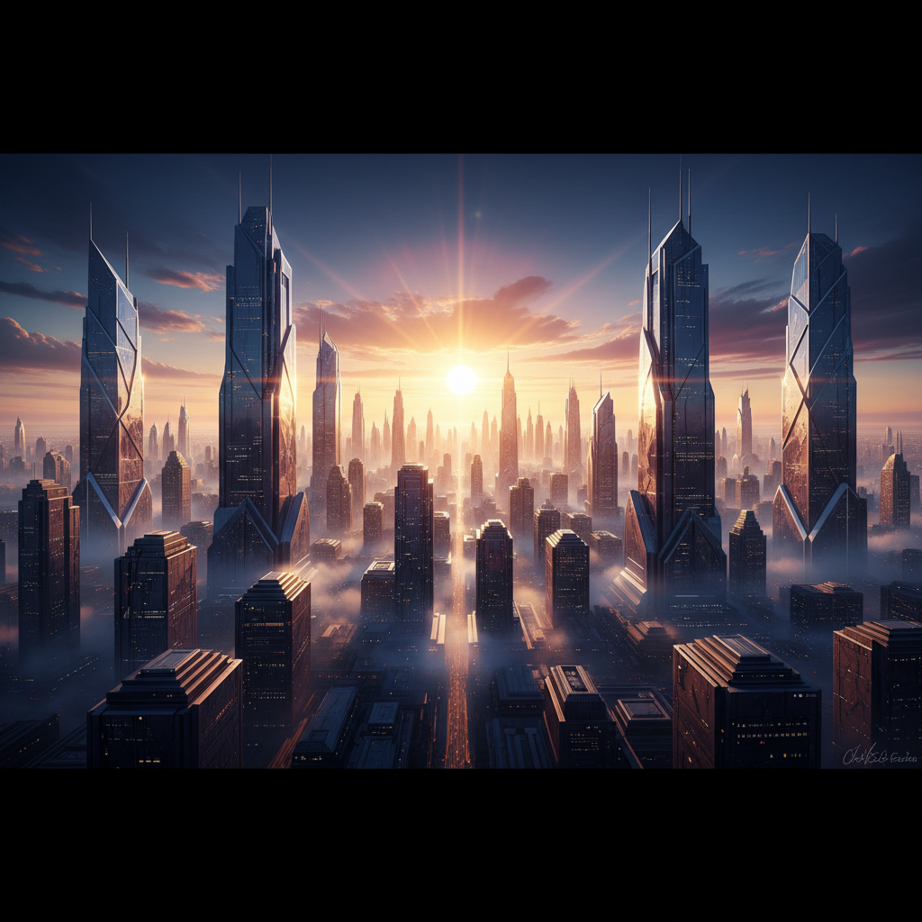 Vista aérea de una ciudad futurista al amanecer o atardecer, con rascacielos altos y modernos emergiendo de la niebla, y un sol brillante en el horizonte.
