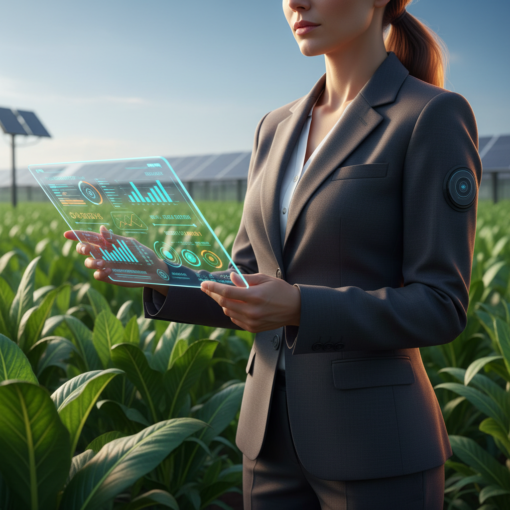 Una mujer con un traje de negocios oscuro está en un campo de cultivo verde, sosteniendo una tableta holográfica que muestra gráficos y datos agrícolas. Al fondo se aprecian paneles solares y estructuras de invernaderos.