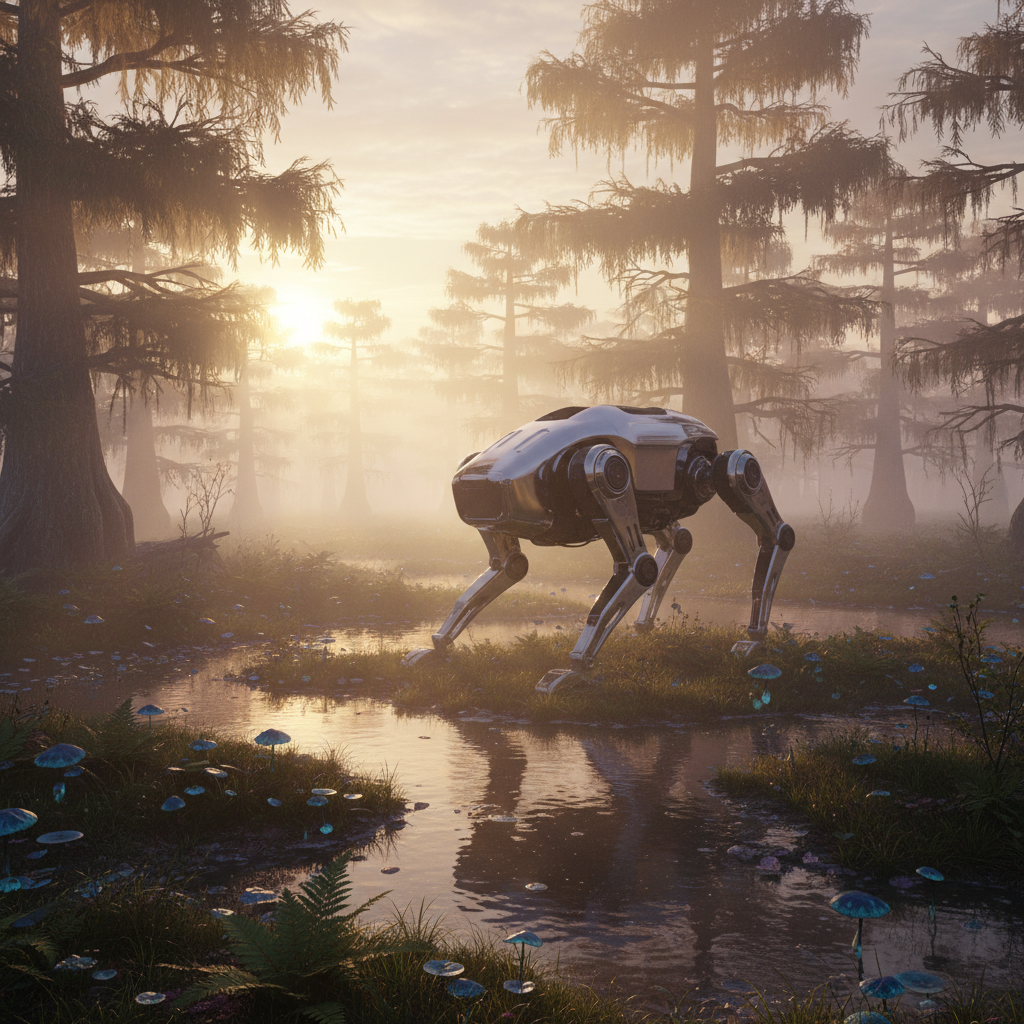Robot futurista metálico de cuatro patas, similar a un perro, caminando por un denso bosque pantanoso al amanecer o atardecer, con niebla, árboles altos, charcos y setas bioluminiscentes en el suelo.