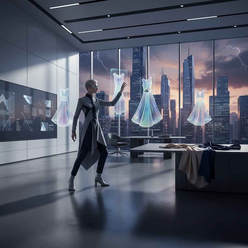 Mujer con gafas futuristas interactuando con vestidos holográficos flotantes en una oficina moderna. Se observa una pantalla con gráficos en la pared y una mesa con telas. Al fondo, la ciudad con rascacielos bajo un cielo tormentoso con relámpagos.