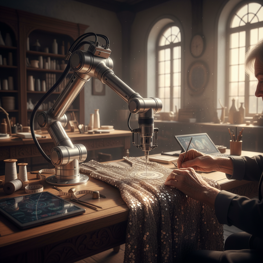 Una persona mayor trabaja en un vestido de lentejuelas doradas sobre una mesa de madera, asistida por un brazo robótico que realiza un trabajo de precisión. En la mesa hay una tablet con diseños digitales, carretes de hilo y una cinta métrica. El fondo muestra un taller de costura con estanterías y grandes ventanas.