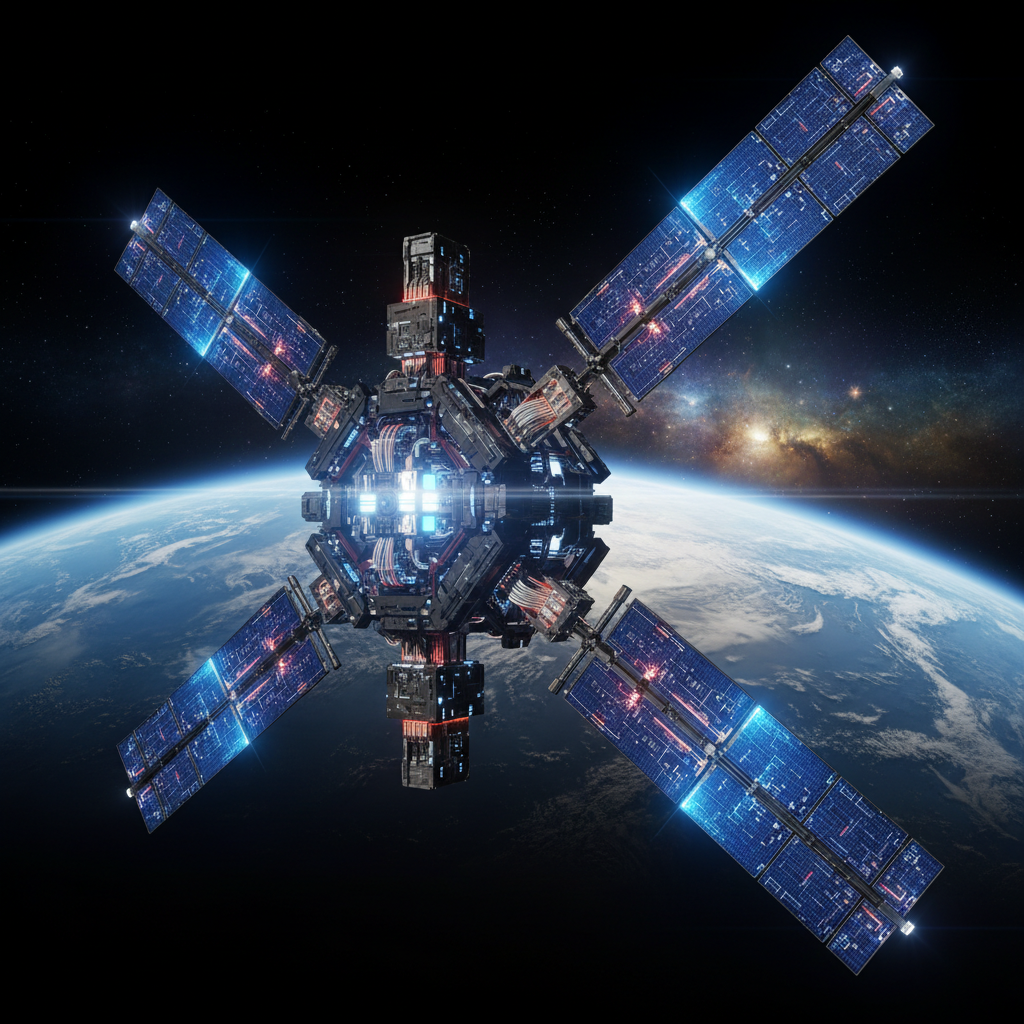 Estación espacial futurista con cuatro grandes paneles solares iluminados y un núcleo central complejo, orbitando la Tierra con una galaxia visible al fondo.