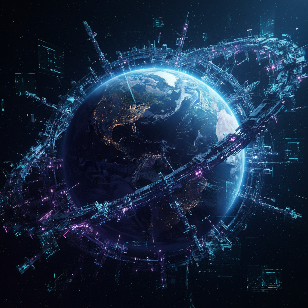 Vista espacial de la Tierra con continentes y luces de ciudades, rodeada por una compleja estructura orbital futurista con luces azules y moradas.