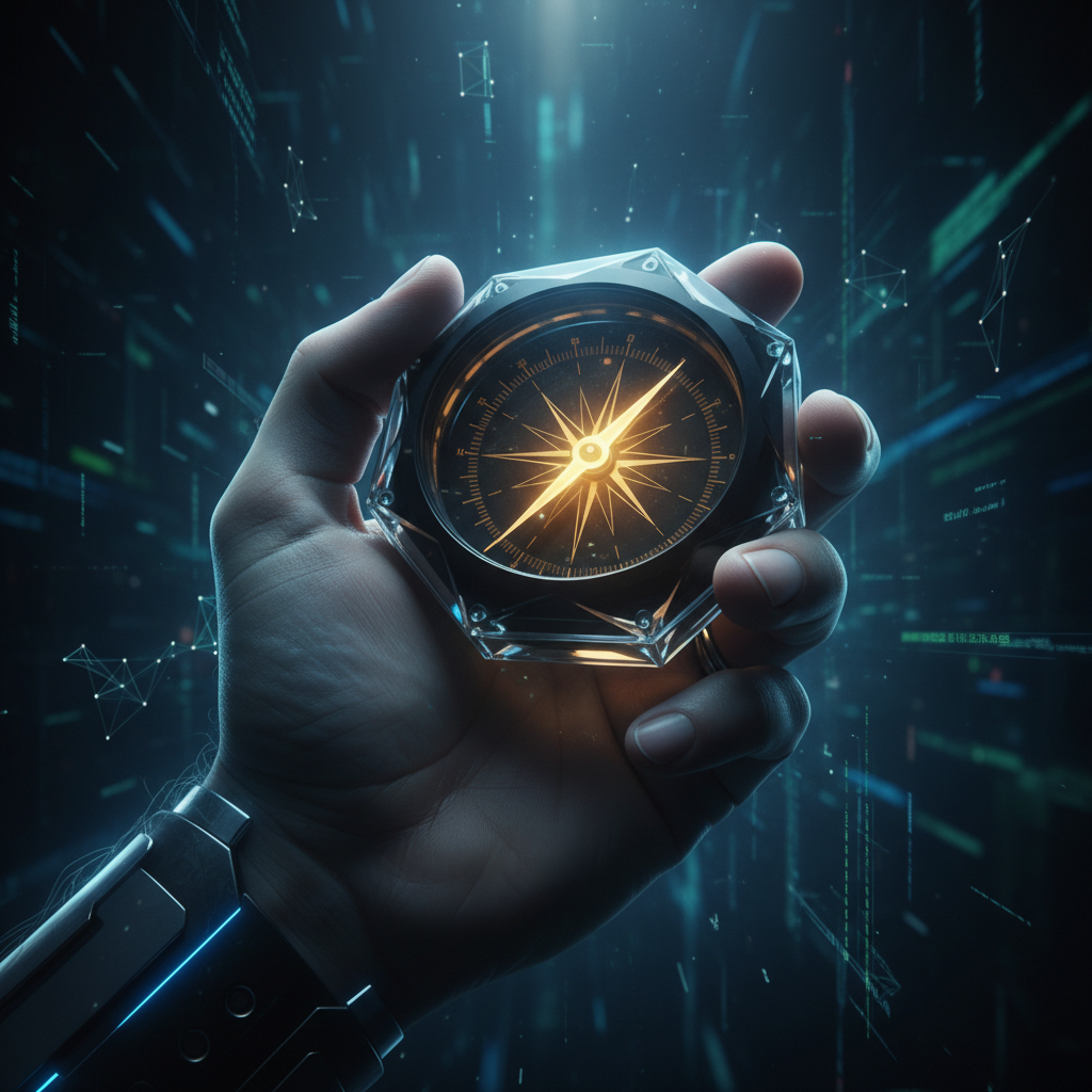 Una mano con un guantelete tecnológico sostiene una brújula octogonal futurista con una aguja luminosa dorada en forma de estrella, sobre un fondo digital con luces y datos.