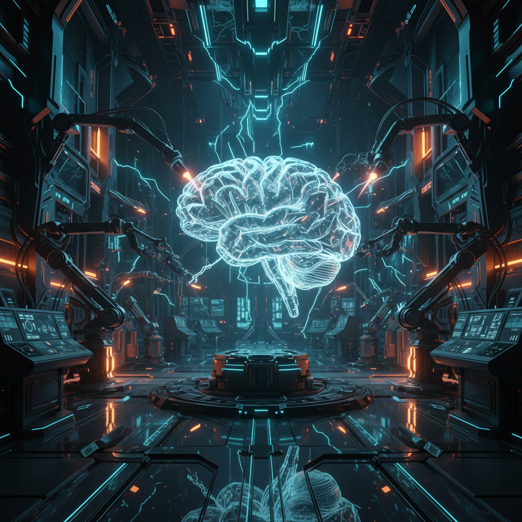 Laboratorio futurista con brazos robóticos manipulando un cerebro humano holográfico brillante y eléctrico, rodeado de paneles de control iluminados con neón azul y naranja.