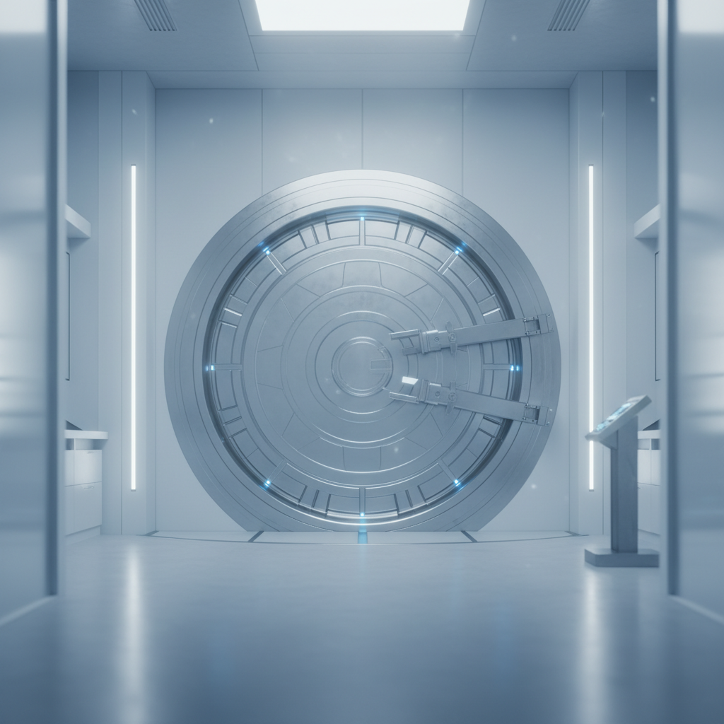 Una gran puerta de bóveda metálica circular con detalles luminosos azules se encuentra en el centro de una habitación futurista de tonos blancos y grises, con iluminación vertical LED y una consola tecnológica a la derecha.