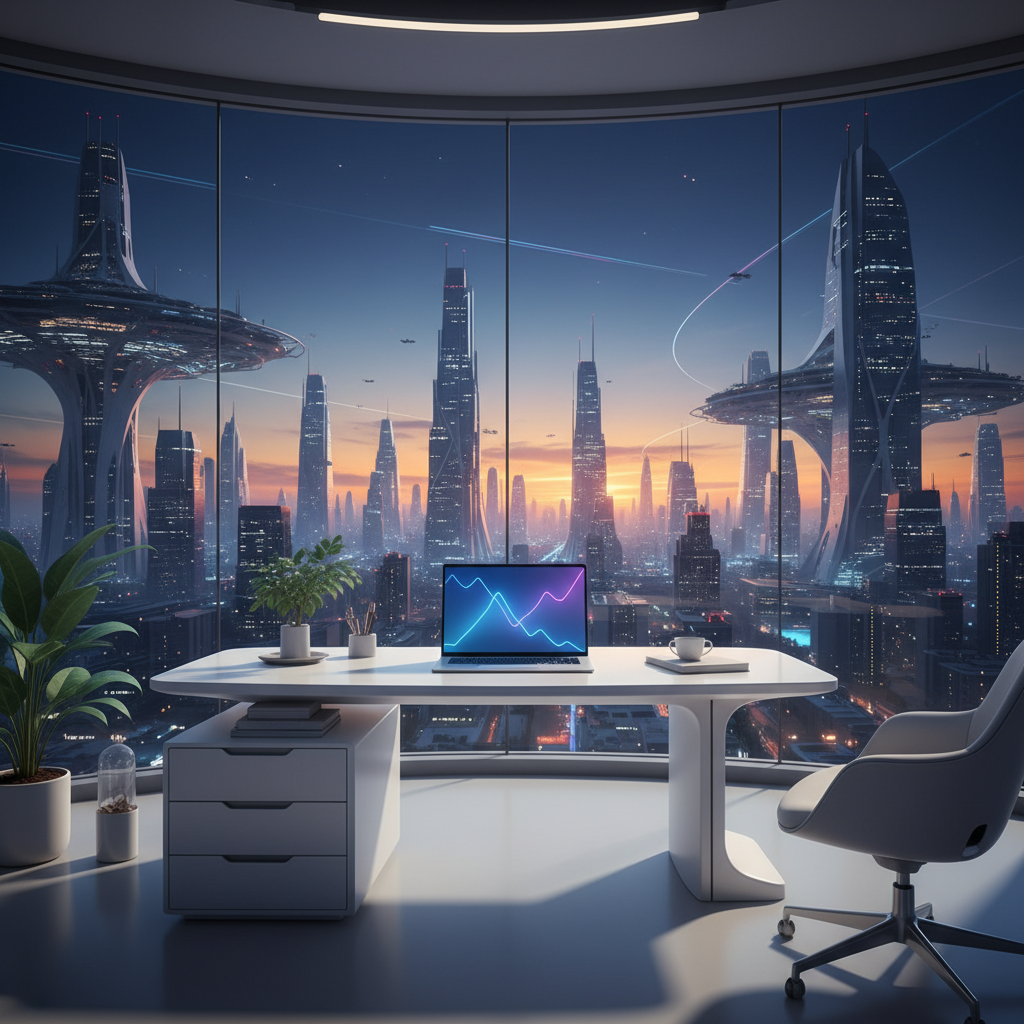 Interior de una oficina moderna y futurista con una vista panorámica de una metrópolis al atardecer. Se aprecian rascacielos altos, edificios con diseño innovador y vehículos voladores en el cielo. En primer plano, un escritorio blanco con un portátil que muestra gráficos de neón, una planta, una taza de café y una silla de oficina.