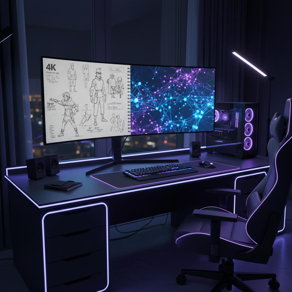 Configuración de escritorio gaming oscura con iluminación LED violeta y azul. Un monitor curvo ultra ancho muestra bocetos de personajes y un patrón de red digital. En el escritorio hay un teclado, ratón, altavoces y una torre de PC con luces. Una silla gaming ergonómica y una lámpara de pie LED completan el ambiente. Al fondo, la ciudad por la noche.