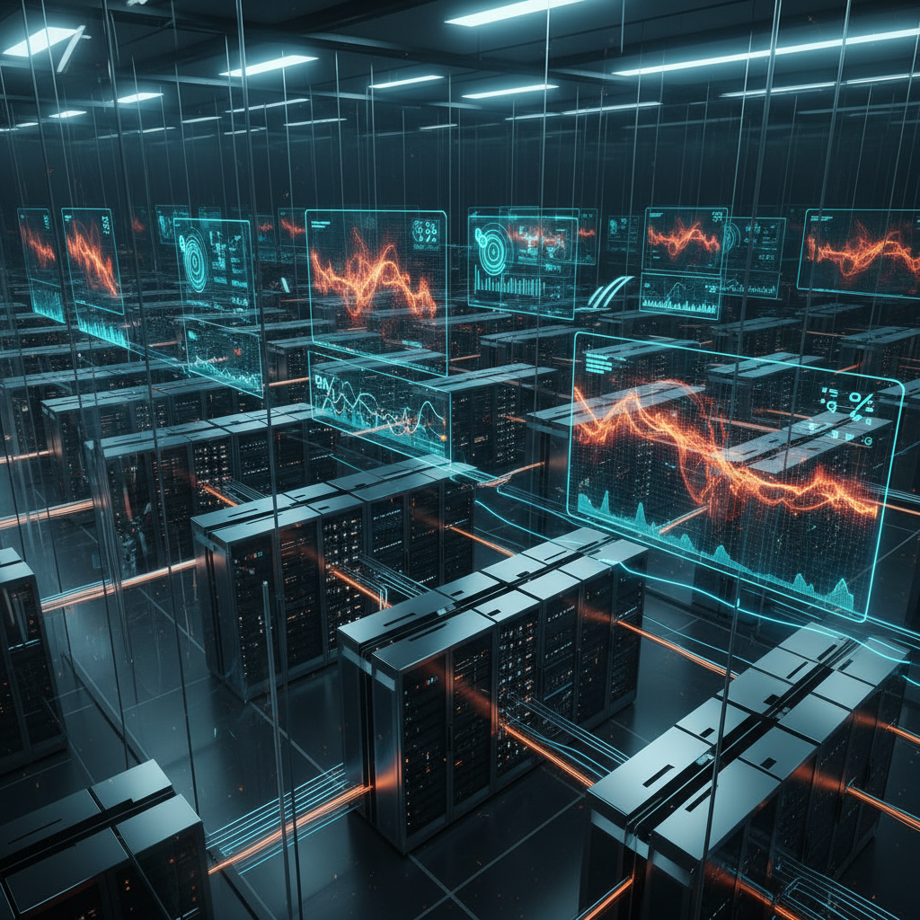 Centro de datos de alta tecnología con múltiples filas de servidores, pantallas holográficas flotantes que muestran gráficos de datos y patrones de ondas en tonos azules y naranjas, y conexiones de red luminosas entre los equipos.