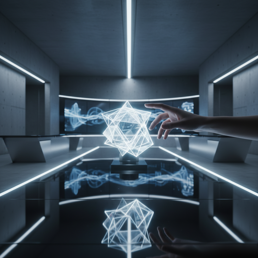 Una mano humana interactúa con una figura geométrica luminosa y flotante sobre una mesa reflectante en una sala futurista con pantallas de alta tecnología.