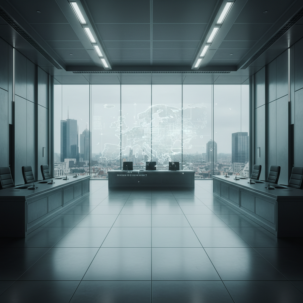 Una sala de conferencias moderna y espaciosa con mesas ejecutivas, sillas de cuero, y un mapa mundial holográfico proyectado sobre una ventana panorámica con vista a una ciudad.} {