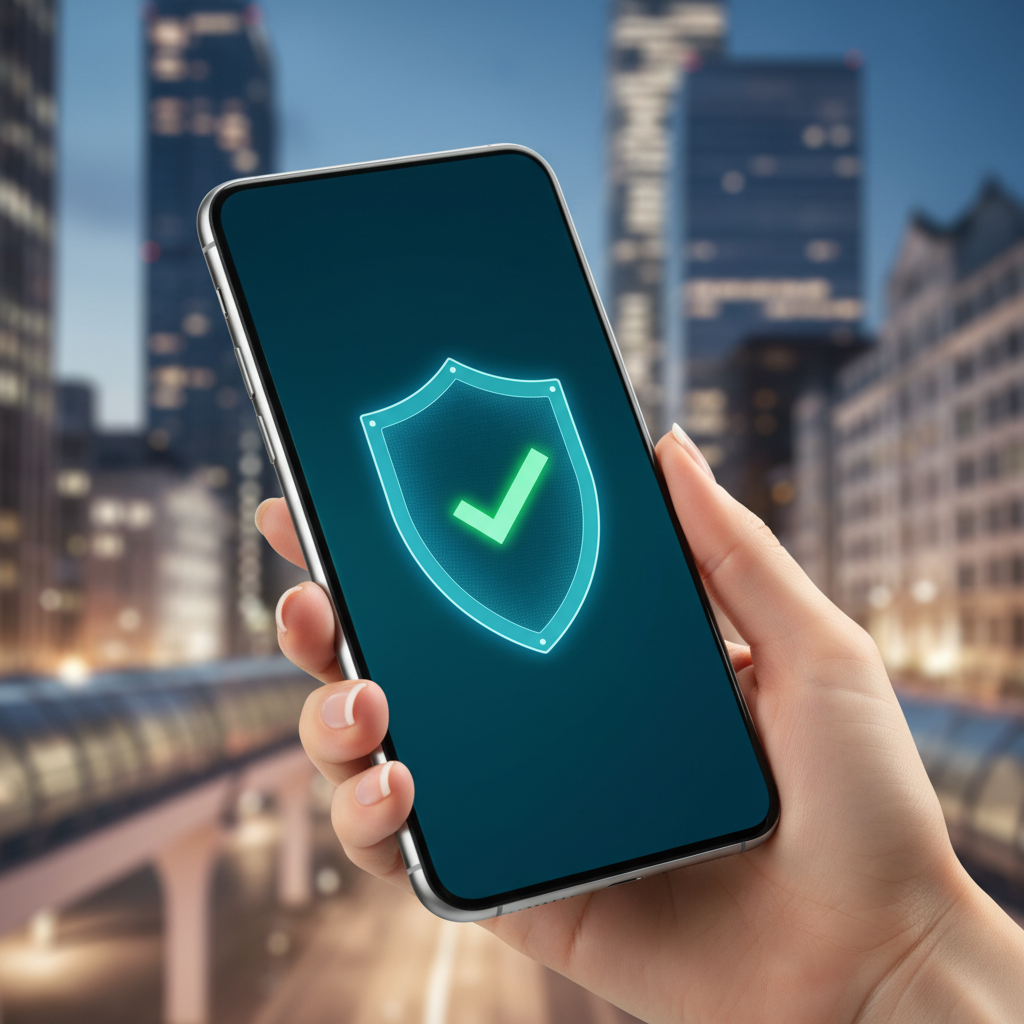 Una mano sostiene un smartphone con un icono de escudo de seguridad y una marca de verificación verde en la pantalla, sobre un fondo urbano borroso al anochecer.