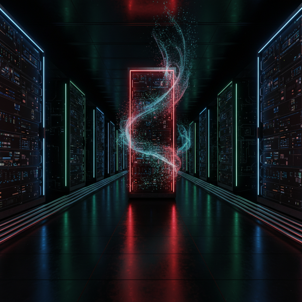 Un pasillo oscuro de centro de datos con filas de servidores iluminados por luces de neón azules y verdes a los lados. En el centro, un servidor con un marco rojo brillante emite una espiral de partículas de datos azules y rojas, con reflejos en el suelo.