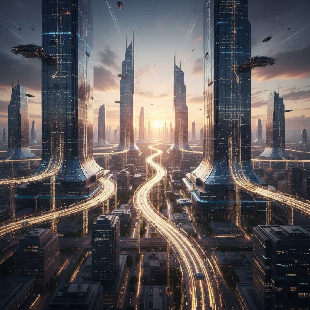 Vista aérea de una ciudad futurista al amanecer, con imponentes rascacielos de diseño moderno que presentan líneas y patrones luminosos. Múltiples autopistas elevadas serpentean entre los edificios, mostrando estelas de luz de vehículos en movimiento. Se observan naves voladoras cruzando el cielo anaranjado.