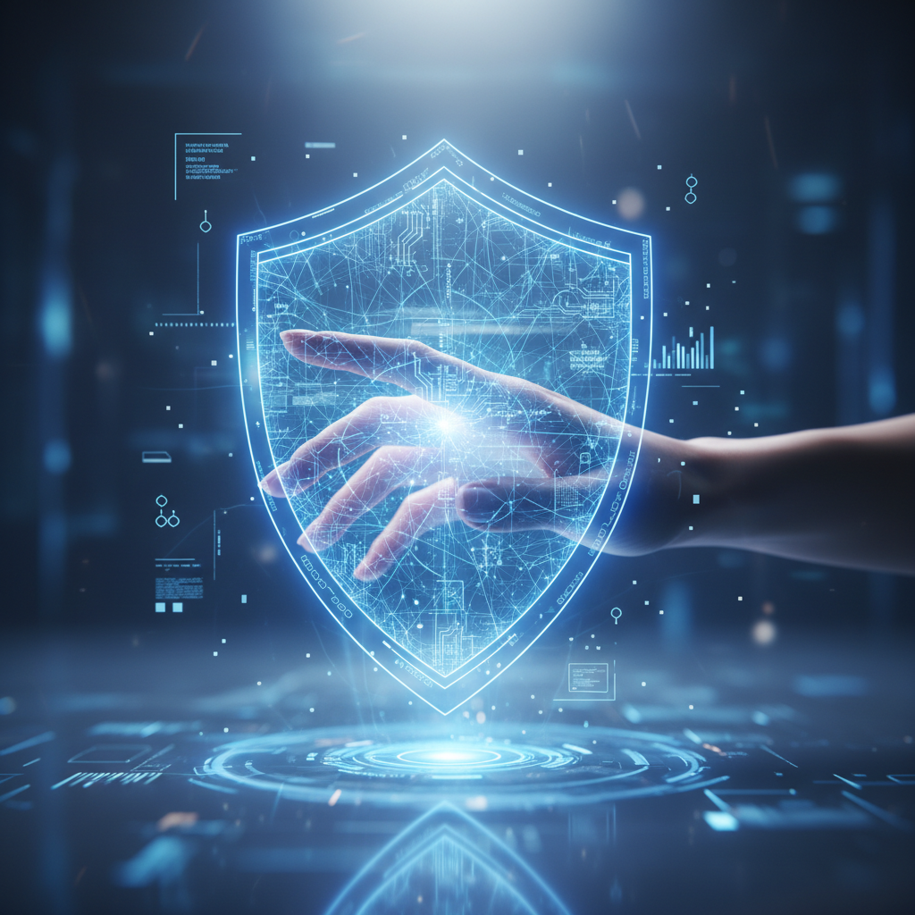 Una mano humana toca un escudo digital azul brillante con patrones de circuitos y una red de conexiones, simbolizando la ciberseguridad y la protección de datos en un entorno tecnológico futurista.