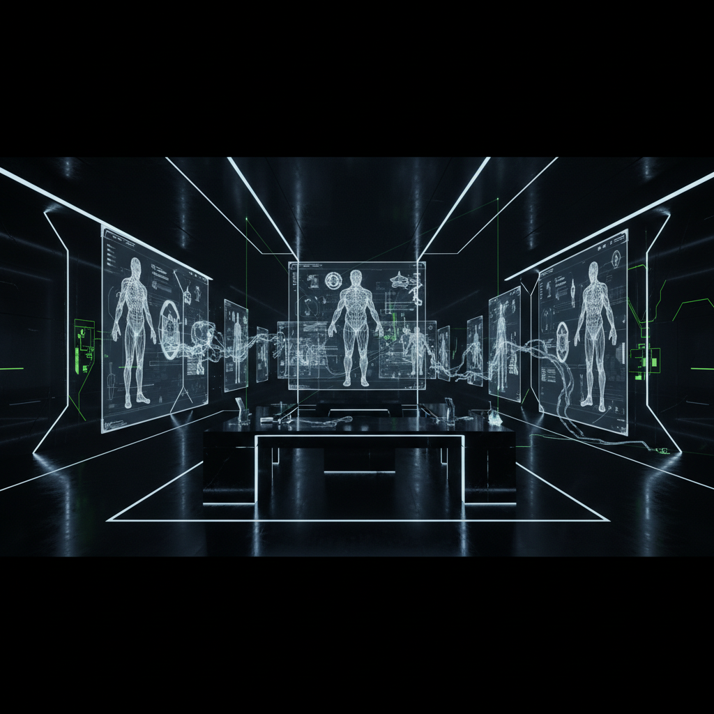 Sala futurista oscura con una mesa central y múltiples pantallas holográficas que muestran modelos wireframe de cuerpos humanos, anatomía y datos médicos detallados.