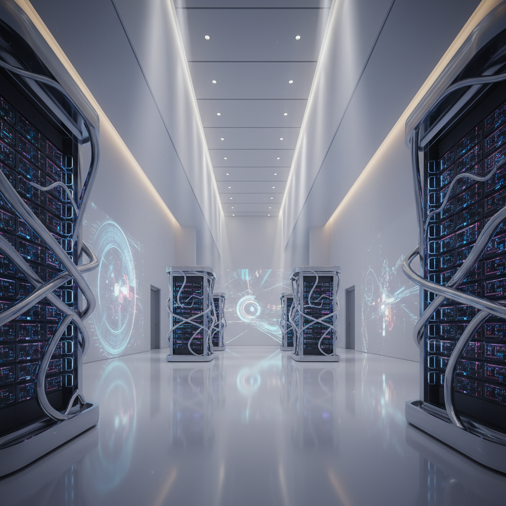 Pasillo de un centro de datos moderno con filas de racks de servidores iluminados en tonos azules y púrpuras. Las paredes blancas muestran proyecciones digitales interactivas con gráficos de datos abstractos y el suelo reflectante.