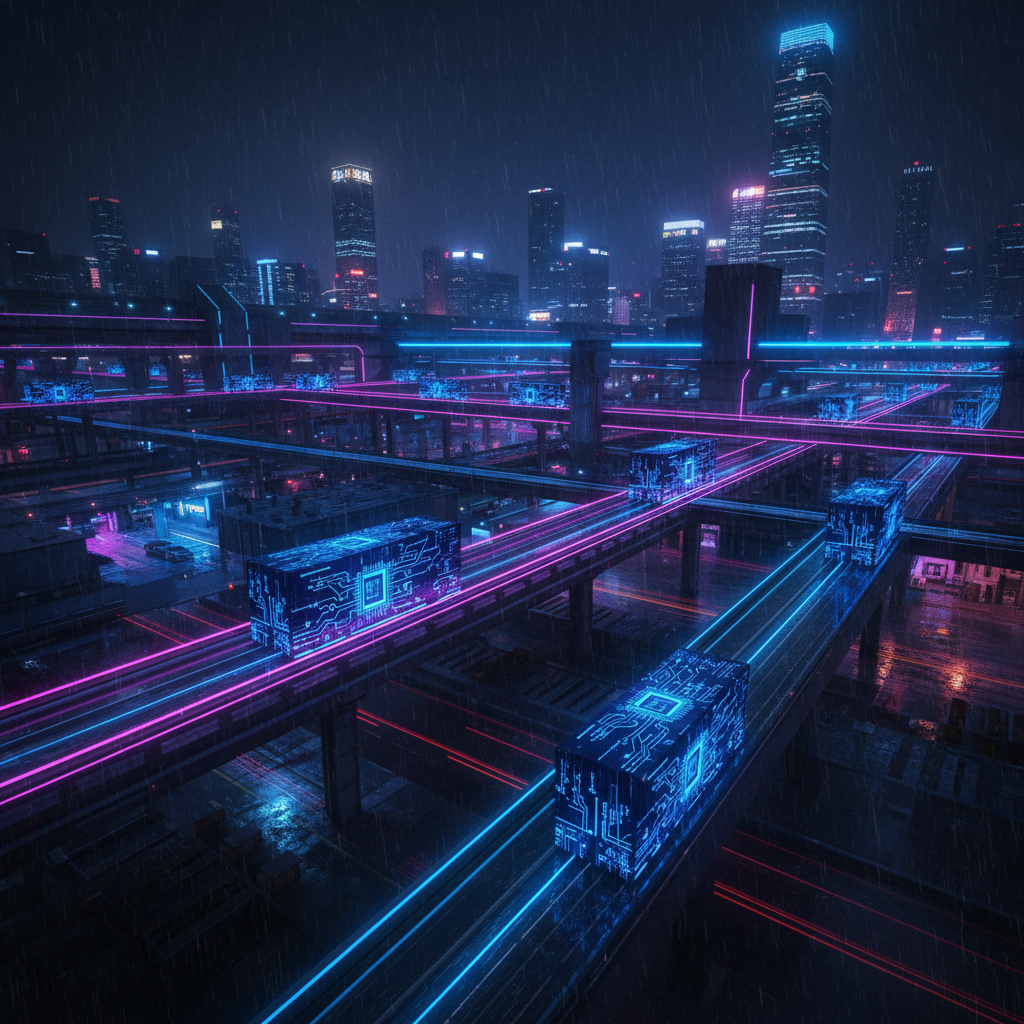 Vista aérea nocturna de una ciudad futurista bajo la lluvia, con rascacielos iluminados y una intrincada red de autopistas elevadas. Las vías y los contenedores cúbicos que se mueven por ellas brillan con luces de neón azules y fucsias, y los contenedores muestran patrones de circuitos electrónicos.