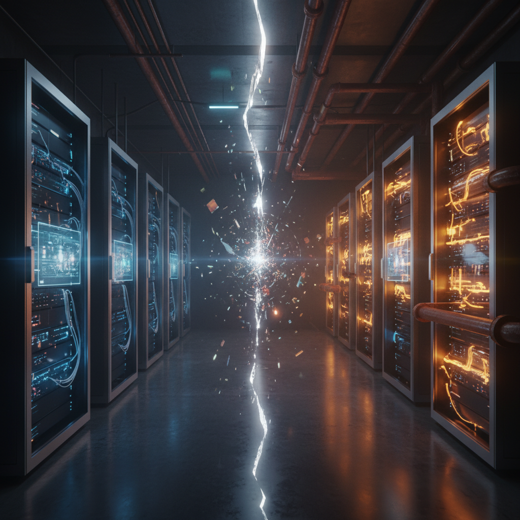 Sala de servidores con filas de racks de computadoras iluminados en tonos azules a la izquierda y naranjas a la derecha, dividida por una explosión de energía brillante con partículas en el centro.
