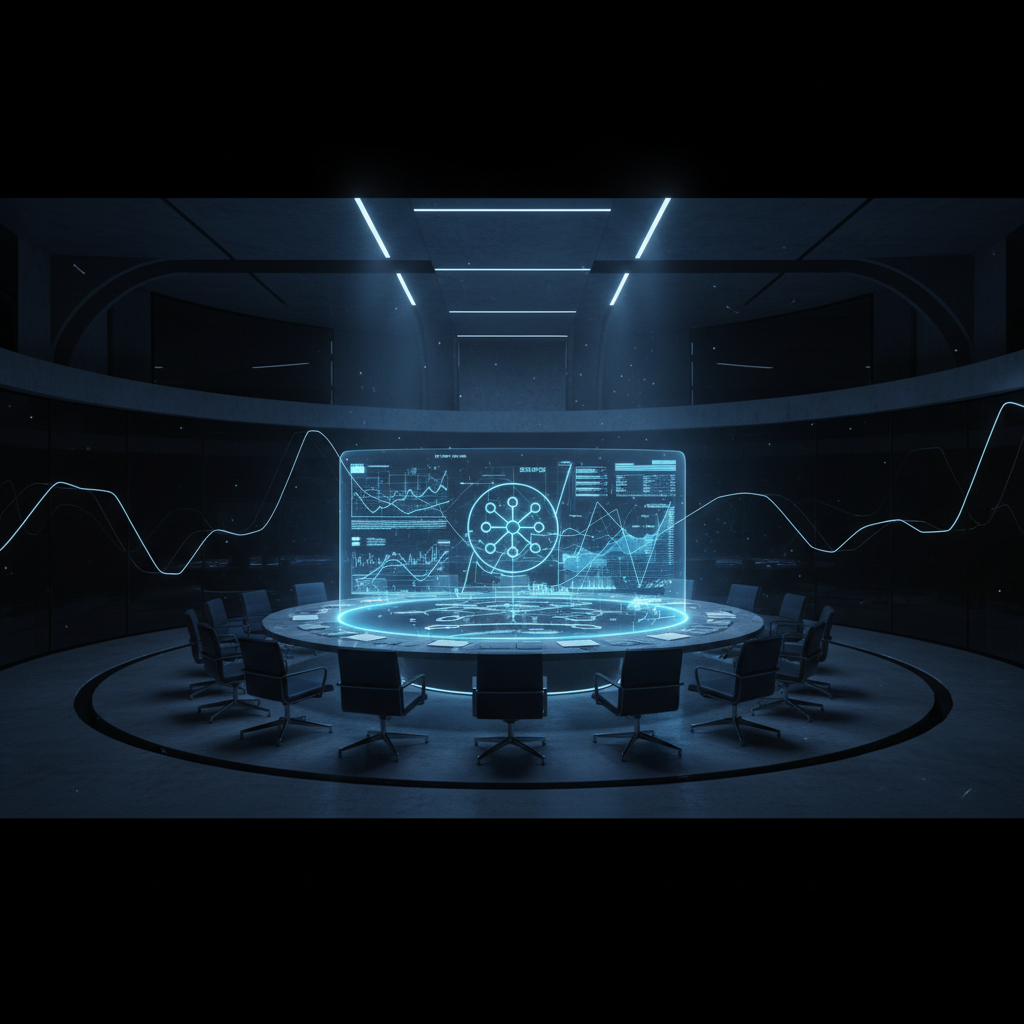 Sala de reuniones futurista con una mesa redonda central y sillas. Sobre la mesa, una proyección holográfica muestra gráficos, datos y un diagrama de red en tonos azules, iluminando el espacio.