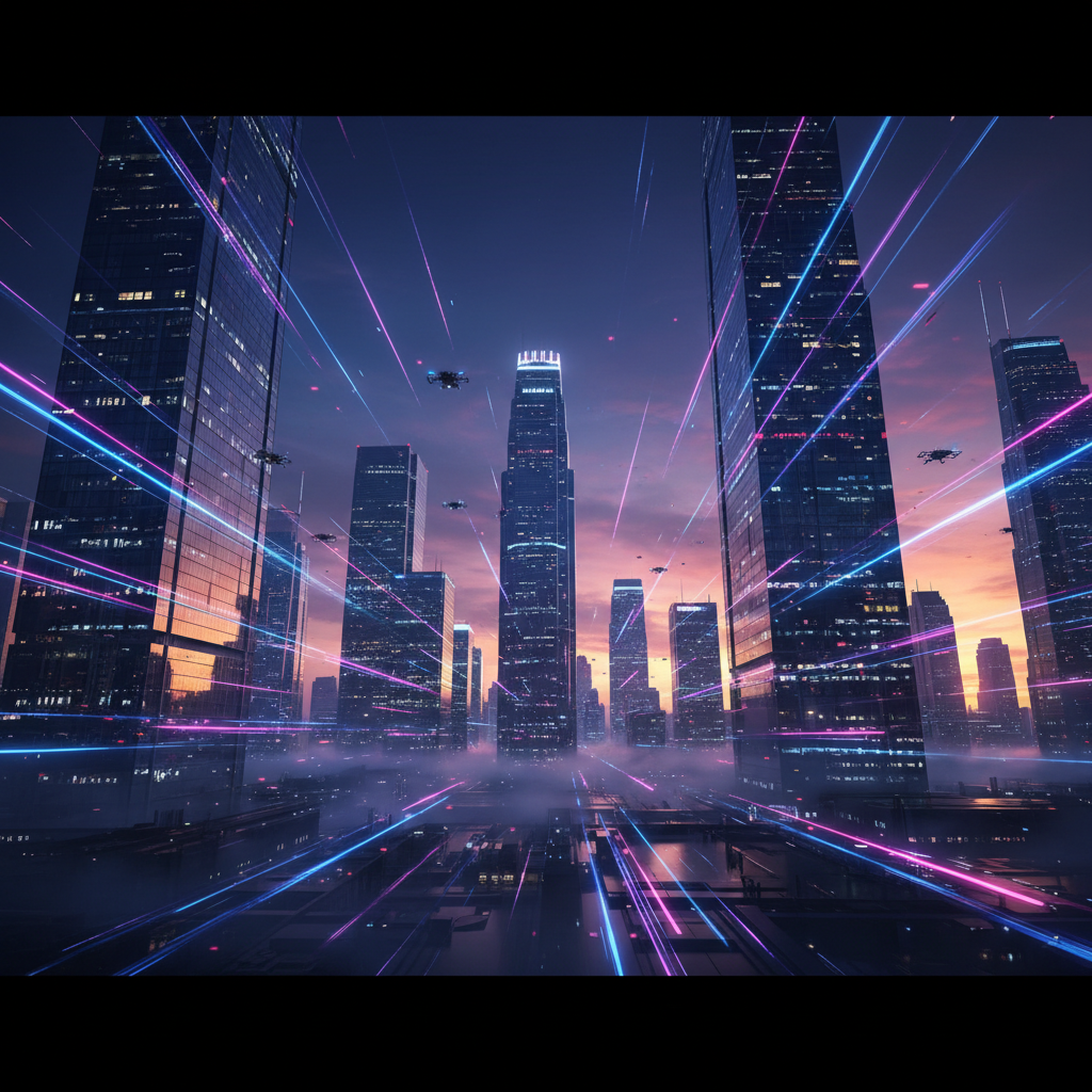 Ciudad futurista al anochecer con rascacielos, drones volando y estelas de luces de neón azules y rosas cruzando el cielo y el suelo. El cielo presenta tonos morados y naranjas del atardecer.