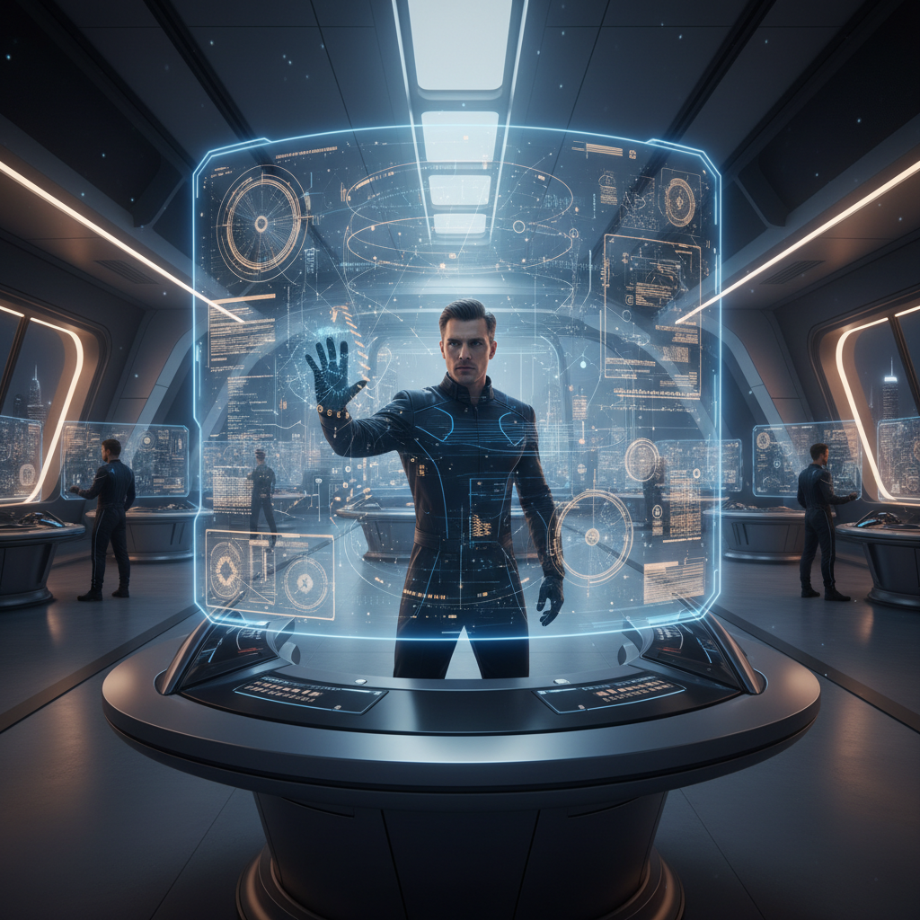 Un hombre con un traje futurista oscuro está de pie en una sala de control de alta tecnología, mirando al frente y con la mano derecha levantada, interactuando con una gran pantalla holográfica azul translúcida llena de datos, gráficos y líneas. Otros hombres trabajan en consolas a los lados, y a través de las ventanas se ve una ciudad iluminada.