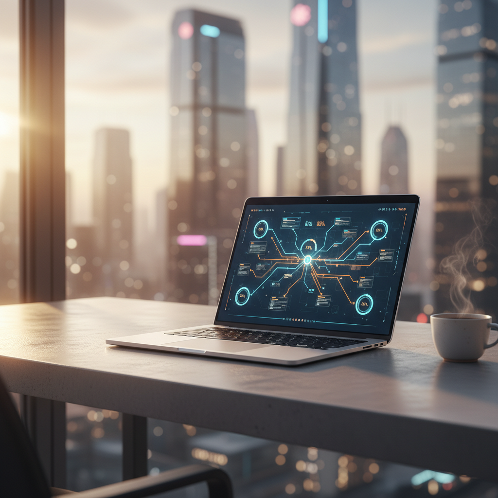 Portátil plateado abierto sobre un escritorio con la pantalla mostrando un dashboard de datos interactivo, junto a una taza de café humeante, con un skyline urbano de rascacielos al atardecer de fondo.