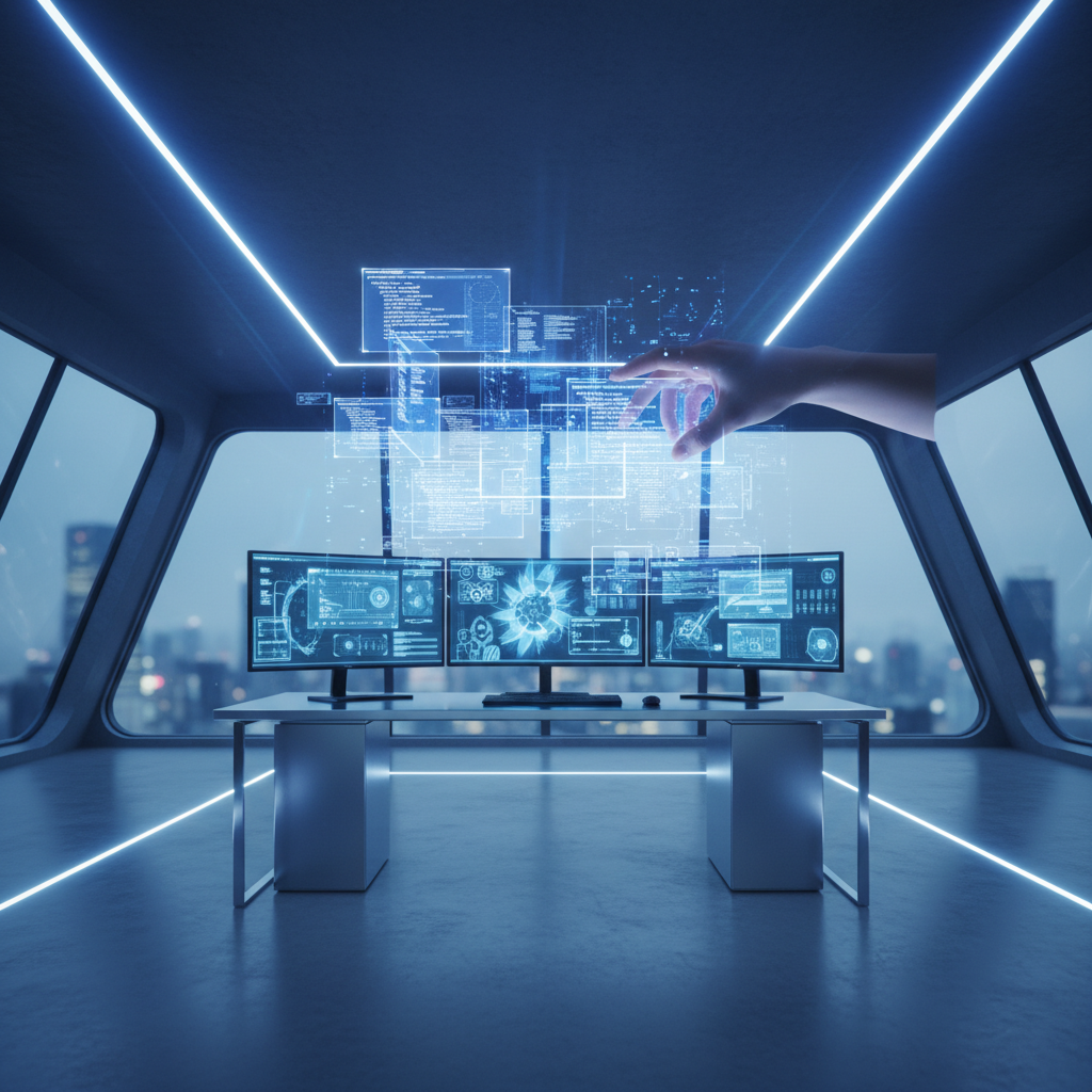 Una sala de control futurista con grandes ventanas que muestran un paisaje urbano nocturno. Un escritorio blanco con tres monitores exhibe interfaces holográficas azules, mientras una mano interactúa con una gran interfaz holográfica flotante en el aire. Luces de neón azules iluminan el techo y el suelo.